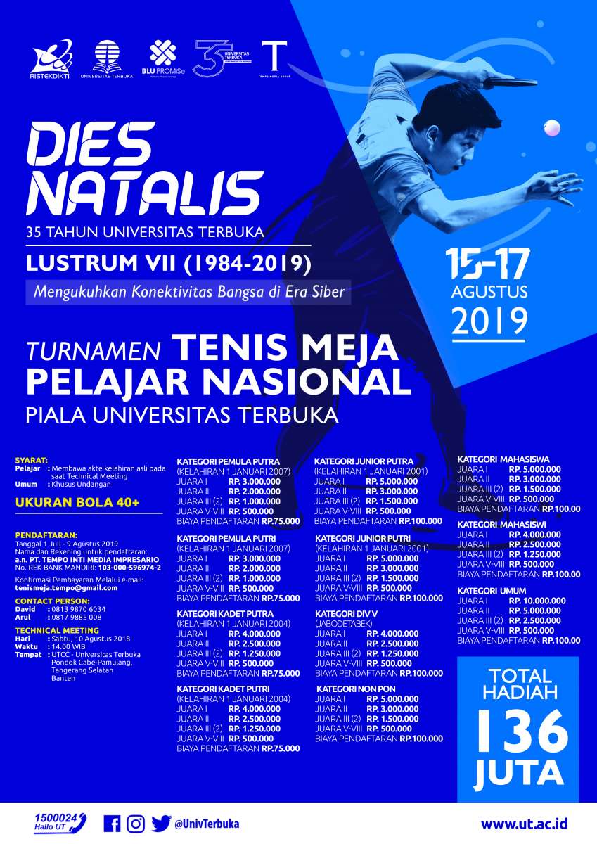 Poster Turnamen Tenis Meja Nasional Piala Universitas Terbuka 2019