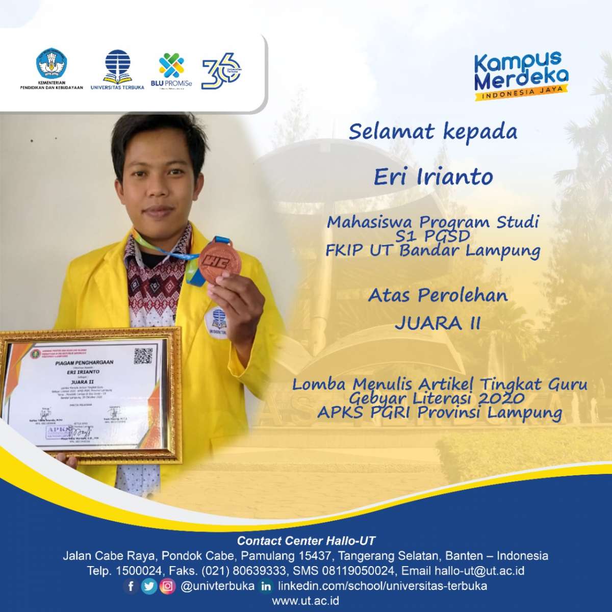 Selamat Eri Irianto Mahasiswa PGSD UT Juara II Menulis Artikel PGRI Lampung