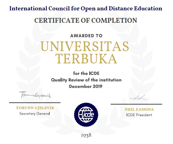 Universitas Terbuka Quality Certificate by ICDE